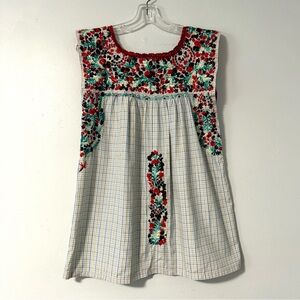 Mi Golondrina Hand Embroidered Tunic Top Blouse Red Green‎ Floral Plaid S Mexico